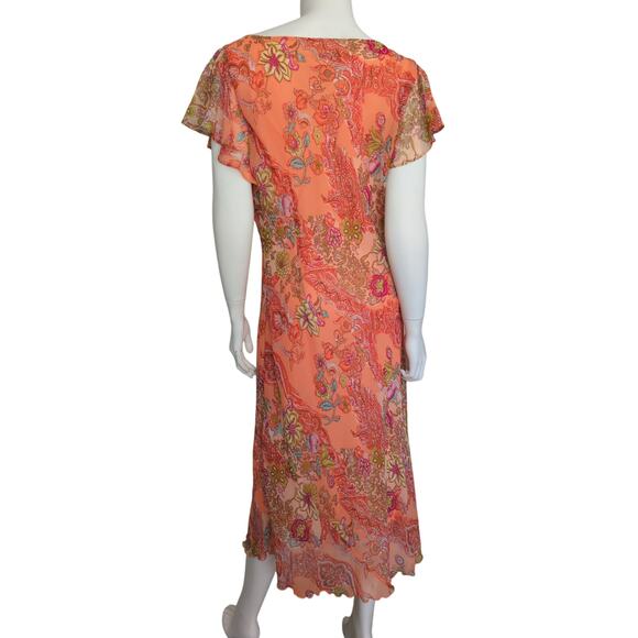 Y2K Floral Paisley Bow Front Chiffon Midi‎ Dress Flutter Sleeve 12 Fairy Grunge - Picture 2 of 7